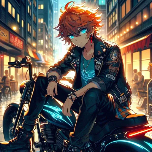 Prompt:  genshin impact, anime, cartoon, Tartaglia, messy ginger orange hair, ahoge, ocean blue eyes, single red earing on right ear, sitting on a custom chopper, black leather jacket with a water design, big black buckled leather boots, lit up in an alleyway of a bustling city by bright neon lights,,