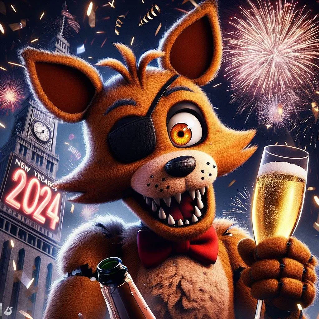 Prompt: create: Foxy from five nights at freddy drinking champagne as the new years time square ball dropping behind him with the number 2024 on it, cute and fluffy, patch over left eye, golden orange eyes, fireworks