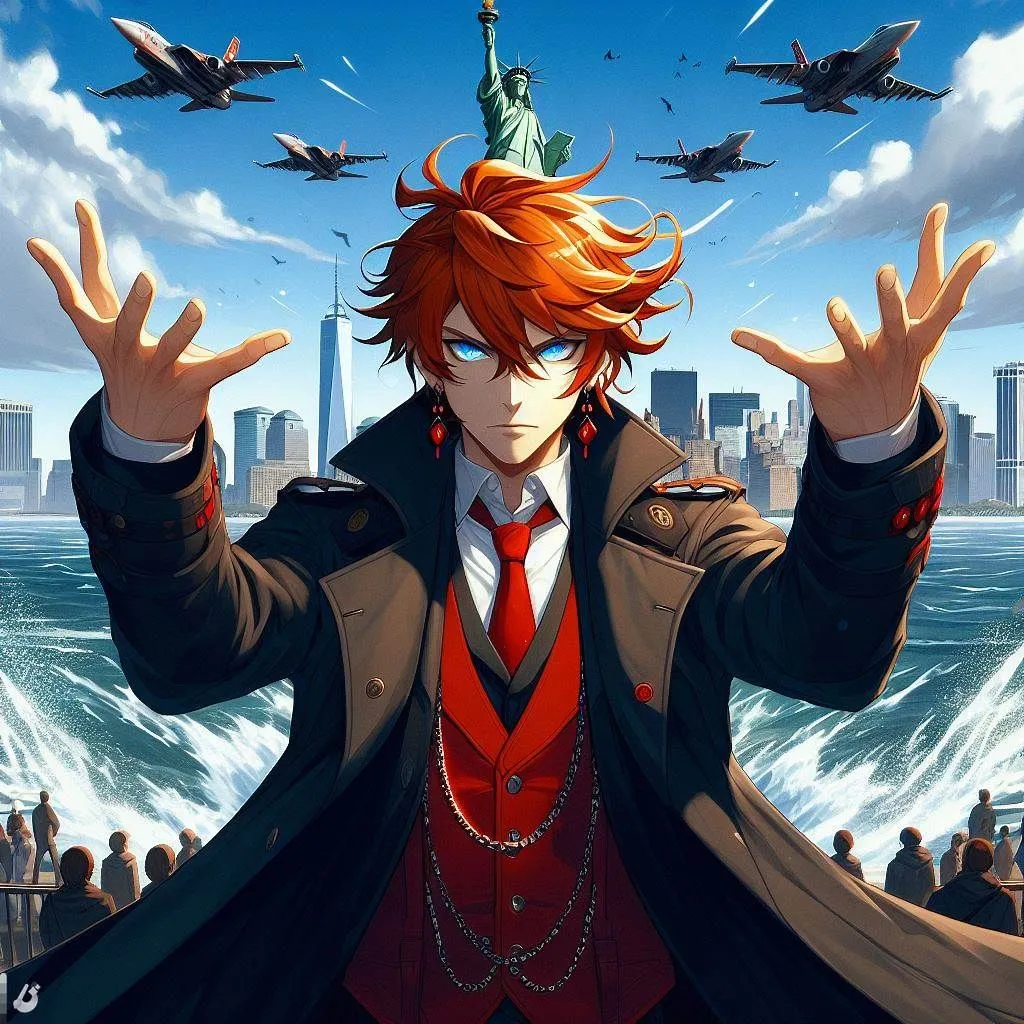 Prompt: Tartaglia from Genshin Impact standing on the crown of lady liberty with his hands raised high in the air summoning a huge wave of water, man, messy orange ginger hair falling between the eyes, black trench coat and red vest, red gem earing, red hair mask in his hair not on his face, two jets fly in the distance behind him, new york city skyline, bright blue eyes