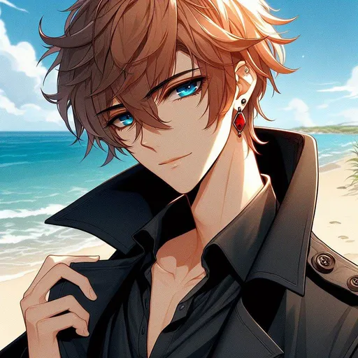 Prompt: anime, cartoon, Tartaglia, large ocean blue eyes, Short messy orange hair falling between his eyes, single red gem earing (right side), tall muscular skinny male, wearing a dark black trench coat open, tight leather pants and tight black dress shirt, form fitting, One open top button on shirt, Knee high black buckled boots, handsome, alluring, tempting eyes, at beach background