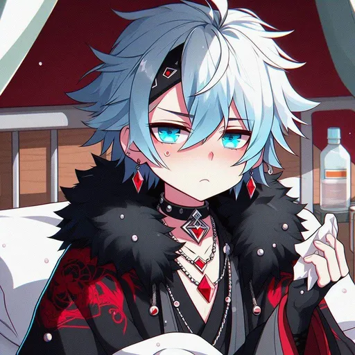 Prompt: genshin impact, anime, chibi, full ice blue side shaved haircut (one side shaved), pink nose, tired face with black circles under his bright ice blue eyes, red diamond necklace, red diamond earing, black jacket with red designs and a black fur trim, holding a tissue, looking sick, background of a tent and a sick bay cot