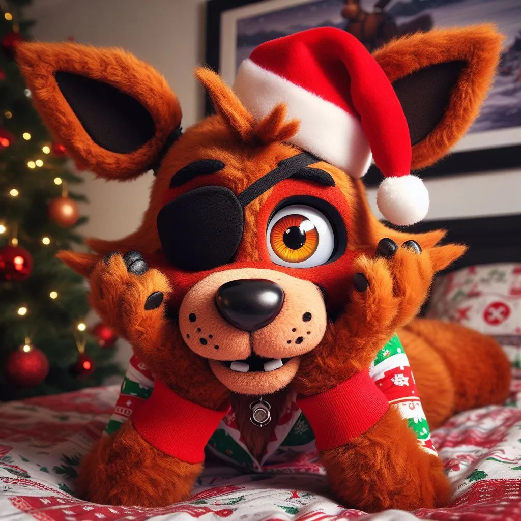 Prompt: create: foxy from five nights at freddy laying down on a bed resting his head on his hands, looking cute, eyepatch on left eye, cute fluffy fur, orange eyes, christmas themed bedroom, christmas pajama's, christmas bedsheets, santa hat