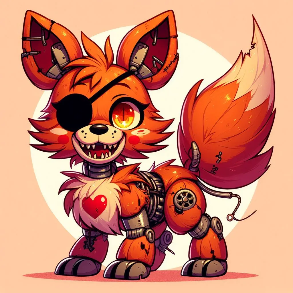 Prompt: Foxy from Five Nights at Freddys drawn in the style of Gen 4 My Little Pony, Adorable, Cute, sharp teeth, orange eyes, black eye patch over left eye, very fluffy, on all fours, full body, in ponyville, heart cutie mark, macanical parts and wires sticking out