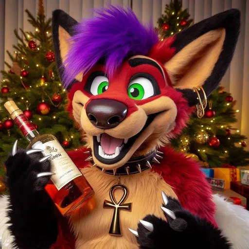 Prompt: a very tipsy antropromorphic jackel, with a purple moehawk, deep red firetruck red fur, brown tummy and bright green eyes, with an ankh earing, very happy, surrounded by christmas trees, fursuit, golden eye shadow and eyeliner egyptian makeup, red muzzle and mouth, white claws, black spiked collar, gold pawpads, holding booze