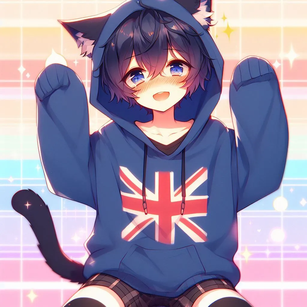 Prompt: genshin impact, anime, blushing, half closed happy eyes, looking away from the viewer, a cute thin catboy holding his hands up to the sides of his head (like caramelldansen) he has a large oversized british hoodie on, short messy dark blue hair with an ahoge, striped leg socks, cat boy, adorable, blush, rainbow glam