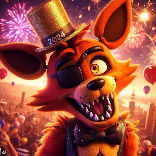 Prompt: Foxy from Five nights at freddys, sharp teeth, black patch over left eye, orange eyes, fluffy and cute, celebrating new years 2024, fireworks, manhatten, ball drop, gold glittery top hat and vest Designer|1024 × 1024 jpg|Created now