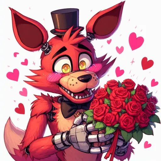 Prompt: Foxy from Five Nights at Freddys Blushing and giving Mangle from Five Nights at Freddys a bouquet of roses
