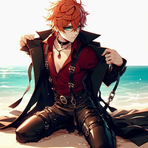 Prompt: anime, cartoon, Tartaglia, large ocean blue eyes, Short messy orange hair falling between his eyes, single red gem earing (right side), tall muscular skinny male, wearing a dark black trench coat open, tight leather pants and tight crimson red dress shirt, black leather harness, form fitting, open top button on shirt, Knee high black buckled boots, handsome, alluring, tempting eyes, kneeling at beach background