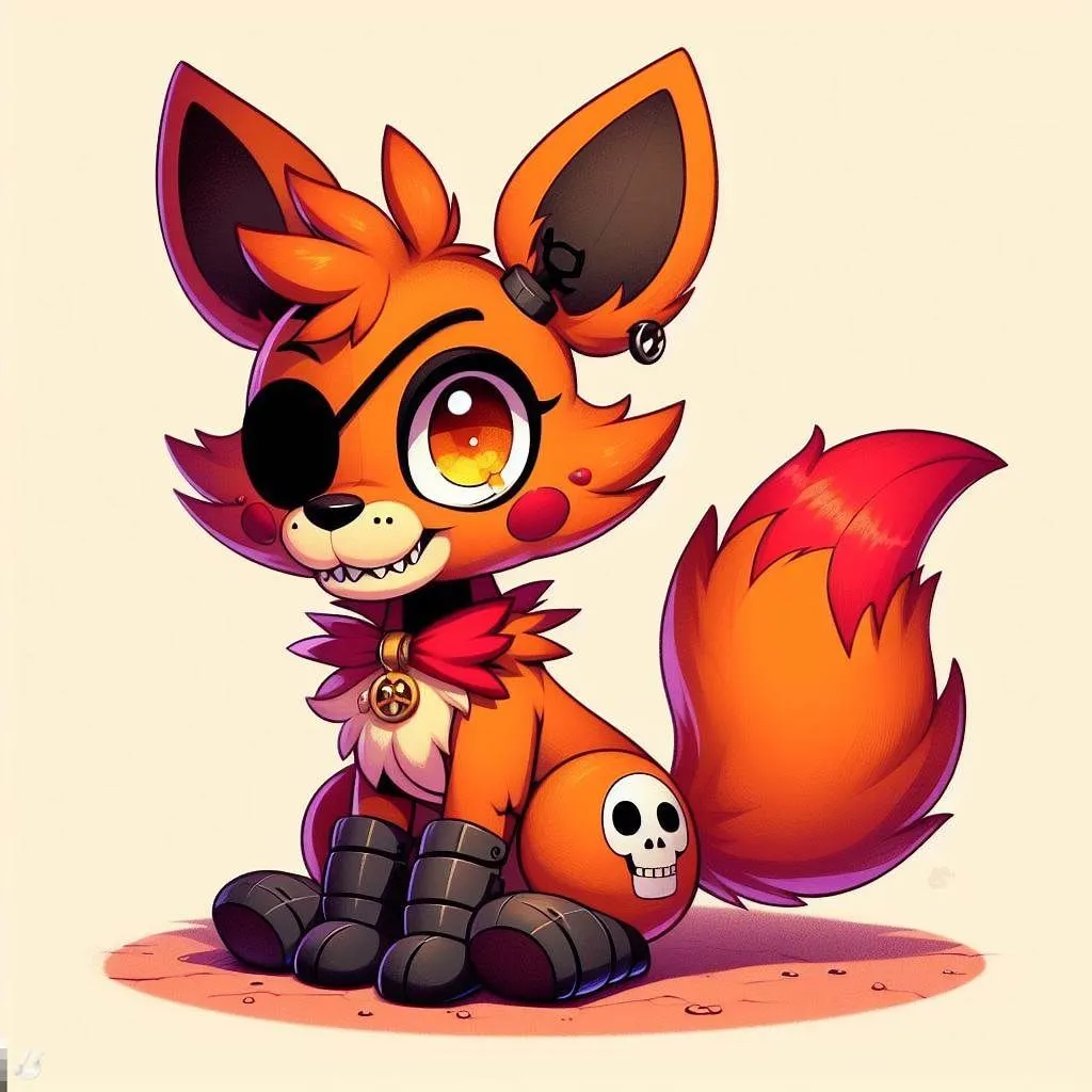 Prompt: create: Foxy from Five Nights at Freddys drawn in the style of Gen 4 My Little Pony, Adorable, Cute, sharp teeth, orange eyes, black patch over left eye, very fluffy, on all fours, full body, in ponyville