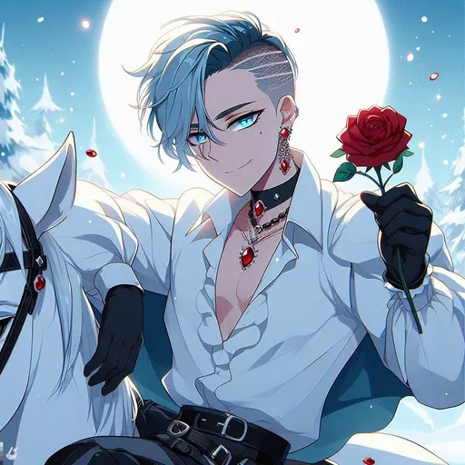 Prompt: anime, cartoon, adult male, attractive smirk, vain, thick black eyeliner, cute ice blue hair, ice blue eyes, side shaved haircut (one side full buzzcut), handsome form fitting puffy white shirt, red ruby earing, red ruby necklace, holding a rose up to you leaning towards you from his white horse, big thick black boots, backround is snowy and beautiful