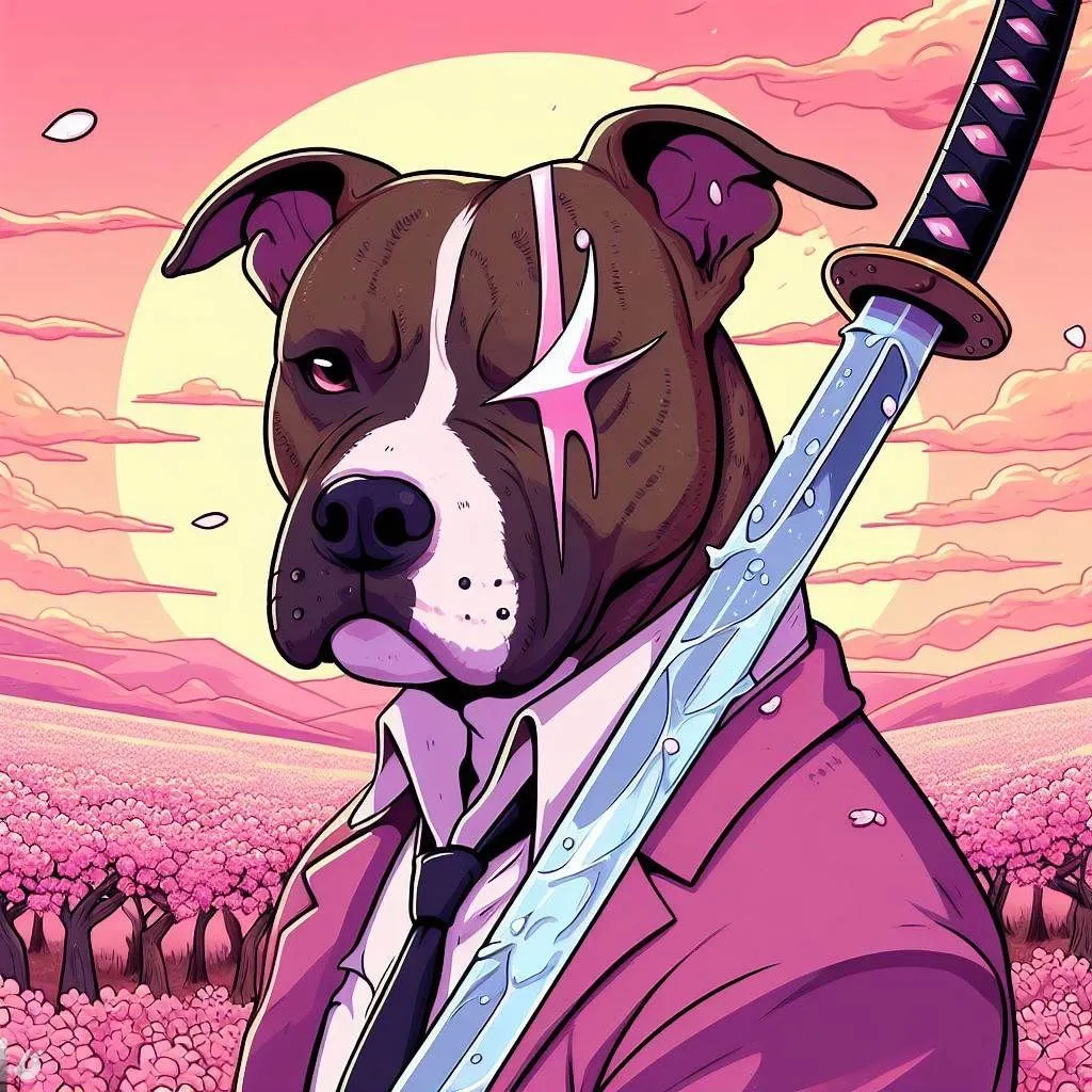 Prompt: a brindle pitbull in a 2D anime style, With a sword made of water, anthropomorphic, the left eye has a large slash over it and is shut. in a field full of cherry blossoms. Make it look like a 90s cartoon like Cowboy Beebop.