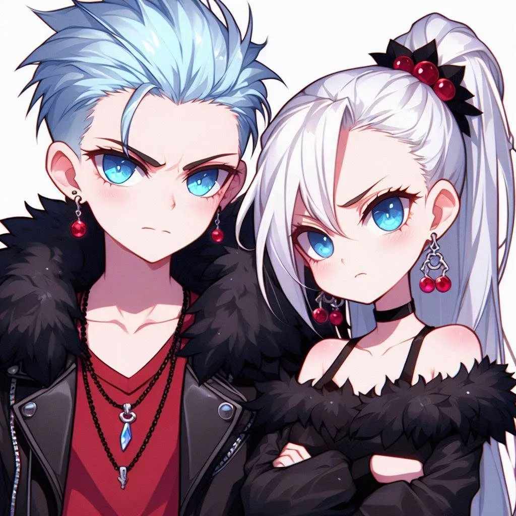 Prompt: cartoon, anime, young male with ice blue side shaved haircut, Black leather jacket with black fur around the rim, red ruby necklace, bright blue devious eyes, red earing, red and black shirt, with sister who has long white side cut, blue eyes, pouty face, black jacket with black fur rim and red shirt