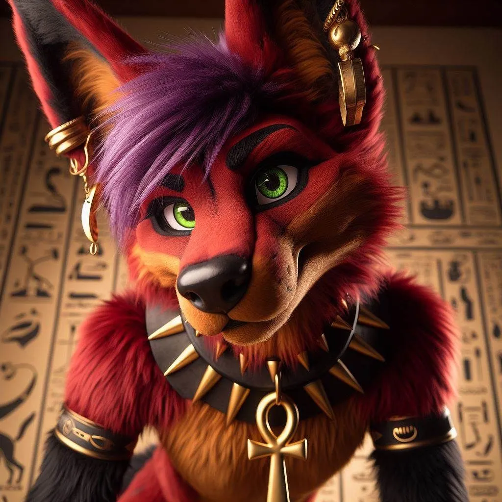 Prompt: a very detailed and realistic image of a jackal furry with full face crimson red fur, purple hair tuft, brown stomach, black arms, gold eye makeup, green eyes, thin male with long black ears, purple hair tuft, and spiked dog collar. The image feels very photorealistic and high-resolution, kneeing at the temple of anubis