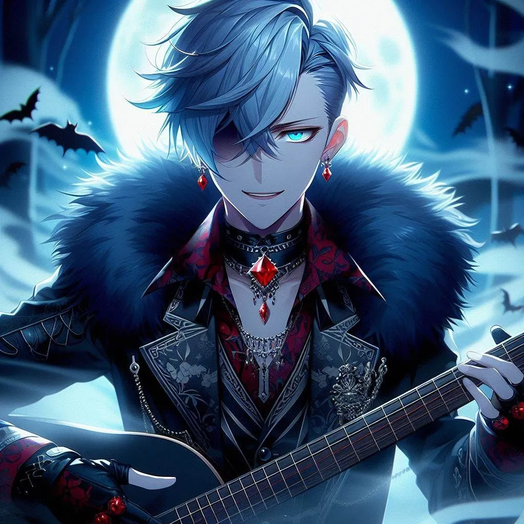 Prompt: genshin impact, cartoon, anime, undead, young male with ice blue side shaved haircut, Black leather jacket with black fur (thick winter coat) around the rim, fancy black and red dress shirt, red ruby diamond shaped necklace, bright blue devious eyes, red earing, devilish expression, vampire, surrounded by mist playing a black lute, attractive