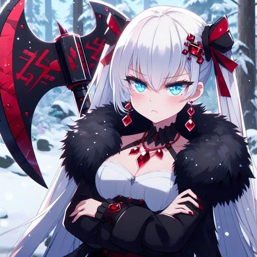 Prompt: anime, cartoon, adult female, big beautiful ice blue eyes, long white side shave (half head is buzzcut), arms crossed, pouty, gigantic red and black war ax on her back, long black coat with black fur rim and red embellishments, red ruby earrings, red ruby necklace, annoyed posture, head tilt, shoulder raise, sass, snowy forest background, form fitting clothing