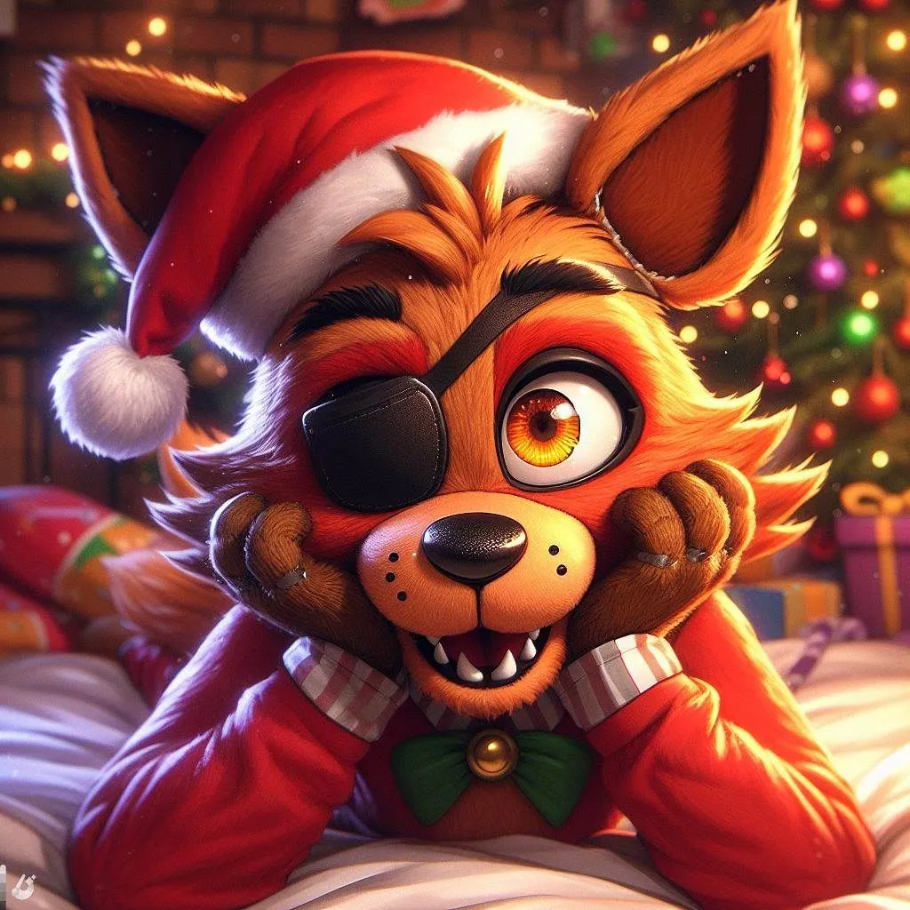 Prompt: create: foxy from five nights at freddy laying down on a bed resting his head on his hands, looking cute, eyepatch on left eye, cute fluffy fur, orange eyes, christmas themed bedroom, christmas pajama's, christmas bedsheets, santa hat