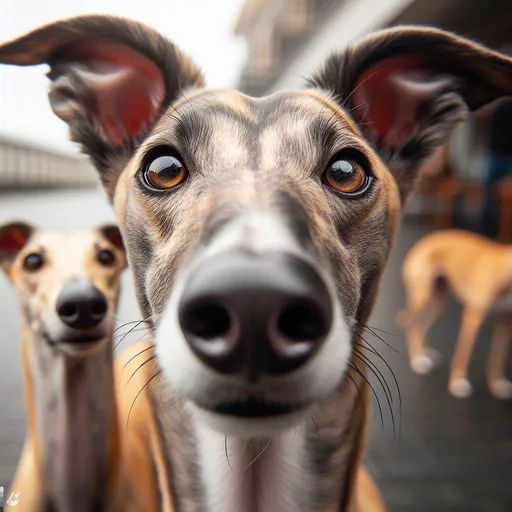 Prompt: A realistic greyhound with the nose lifted towards the camera and no other dogs in the background