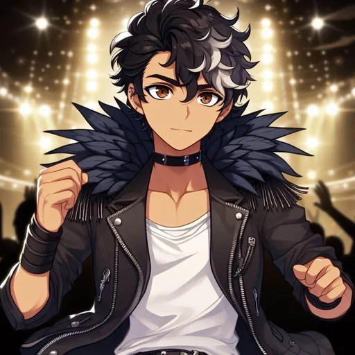 Prompt: anime, cartoon, big brown eyes, handsome young tan skinned spanish man with short black curly hair with ageing grey hairs streaked threw it, wearing a roackstar black leather jacket the neck frill is long pointy dark blue quail feathers, form fitting white t-shirt, black leather pants, dancing drawing attention to his stylish clothing, center of attention, all lights on him, long lashes, thick smokey black eyeshadow,