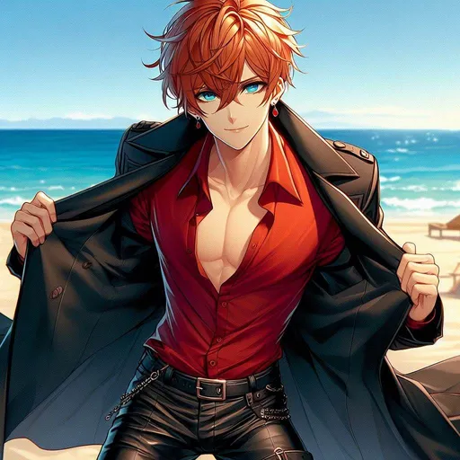 Prompt: anime, cartoon, Tartaglia, large ocean blue eyes, Short messy orange hair falling between his eyes, single red gem earing (right side), tall muscular skinny male, wearing a dark black trench coat open, tight leather pants and tight crimson red dress shirt, form fitting, One open top button on shirt, Knee high black buckled boots, handsome, alluring, tempting eyes, at beach background