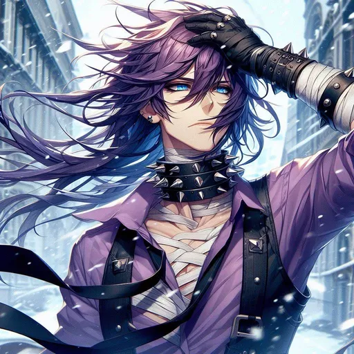 Prompt: genshin impact, anime, a slender tall man with a side shaved head, with long purple hair falling infront of his left side, a pair of steampunk goggles, bright blue eyes, an open purple dress shirt with bandages covering his torso, a black spiked dog collar around his neck, studded black arm bracelets, fighting agaist the winter wind with one eye closed in an almost pained expression as the cold wind blows on him, backround is a cold russian city,
