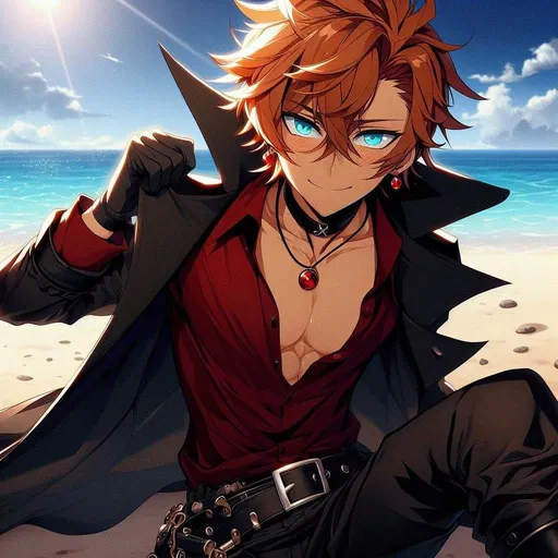 Prompt: anime, cartoon, Tartaglia, large ocean blue eyes, blush, smirk, Short messy orange hair falling between his eyes, single red gem earing (right side), tall muscular skinny male, wearing a dark black trench coat open, tight leather pants and tight crimson red dress shirt, black leather harness, form fitting, open top button on shirt, Knee high black buckled boots, handsome, alluring, tempting eyes, kneeling at beach background