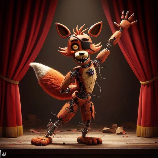 Prompt: a final curtain bow, full bow, arm held out from body, foxy from fnaf, eyepatch over left eye, bushy fur, electronic parts and cracks all over body, big orange eyes, a stage with red curtains, less toy foxy, more masculine, more fox like, with legs, more like top row picture two, left arm as a hook