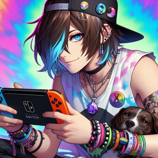 Prompt: anime, cartoon, man with long emo bangs covering a single eye the rest of the hair cut short, brown with ice blue streaks in hair, Tank top with white, blue, and pink tie dye, a black baseball hat with pride buttons, single amythest rock on a silver chain. multi colored bracelets and beaded bracelet jewelry, sitting leaning forward playing a nintendo switch, with a dark brown brindle pitbull sleeping next to him, vibrant background