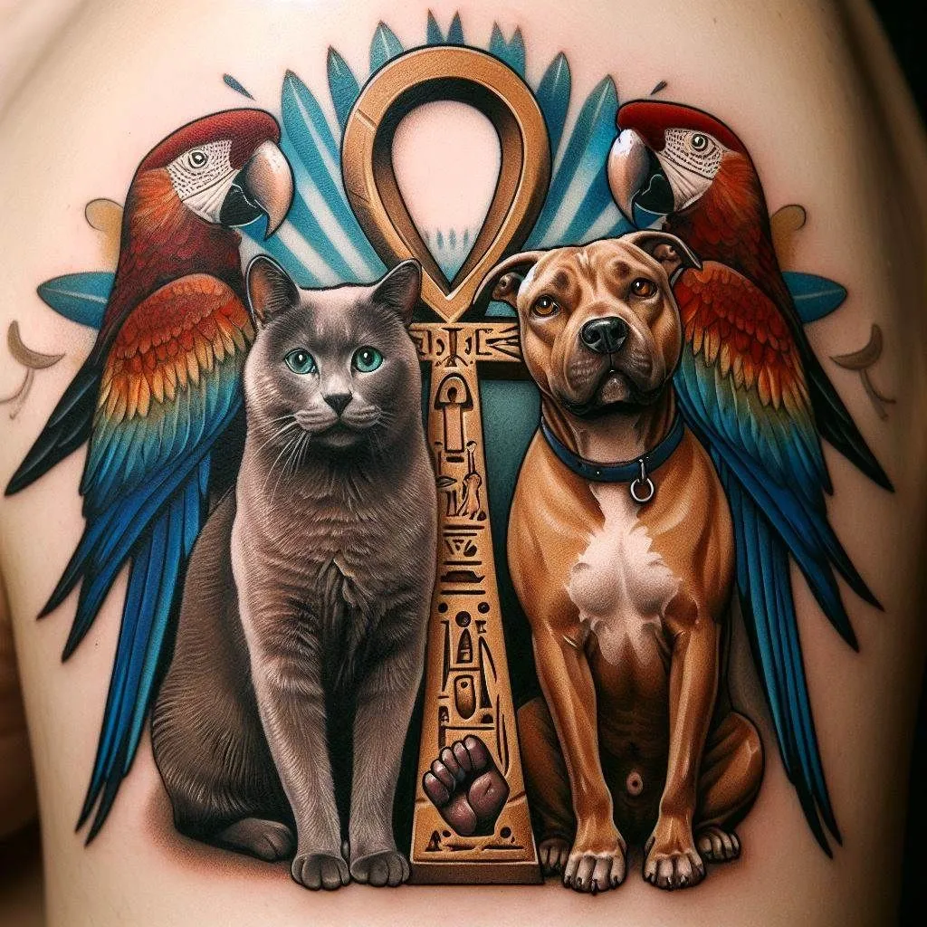 tattoo of an ankh in the middle with a grey cat and...