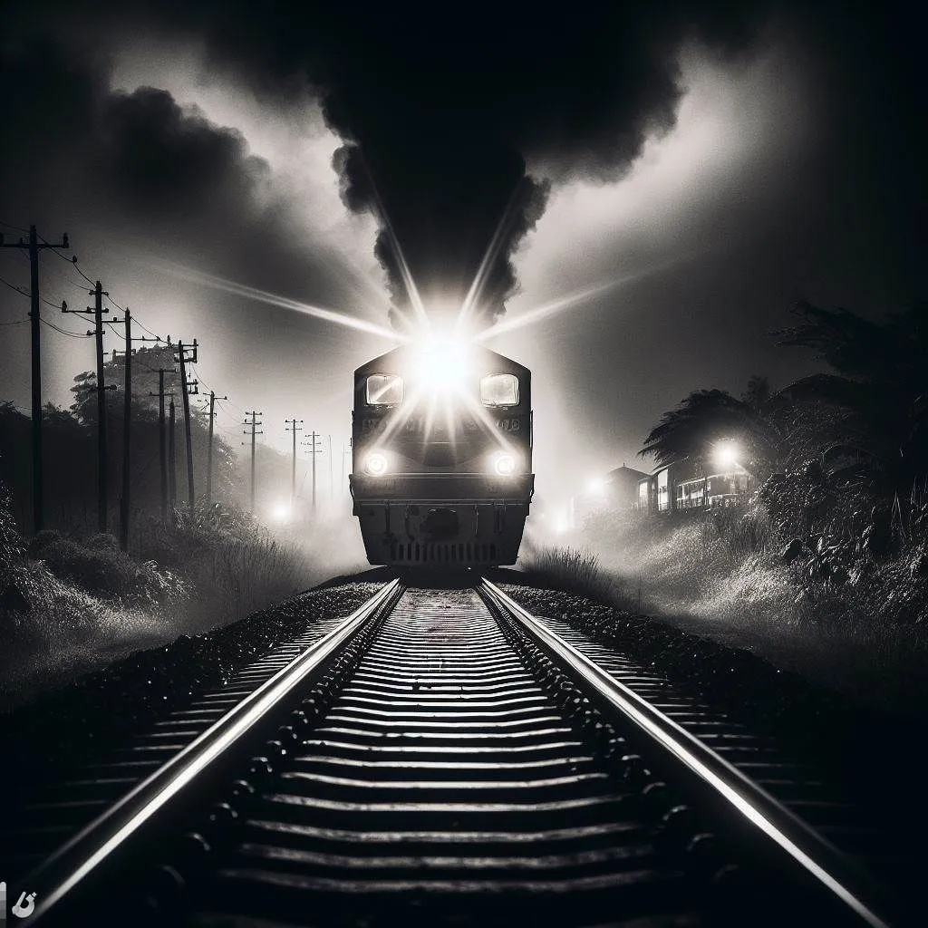 Prompt: Diesel Train, Oncoming, Standing on Tracks, Night Time, Everything going away from the Light Black, Muffled, Diesel Train Lights Very Bright, Edges Black and Fading, Countryside, Head On, Solid Black Background, More Blackness Around the Image, Solid Black that Fades into the Headlight, Variations