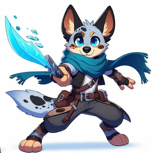 Prompt: Bluey the furry, an anthropomorphic dog, with ears with a little flop at the tips and more brown and black spots like a blue heeler/australian cattle dog, dressed as Tartaglia from Genshin Impact with a scarf and a more transparent water blade, in a flat simple image with really thick outer line and the inner lines and style of 1, in a dynamic action pose, with bright blue eyes and the correct number of fingers and toes on each hand and foot