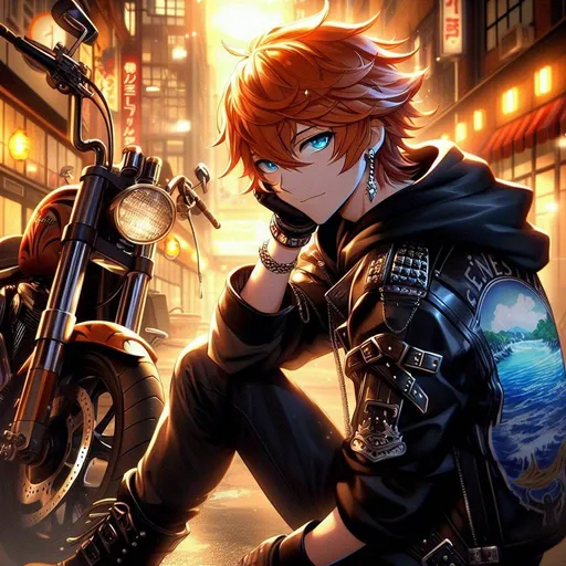 Prompt: genshin impact, anime, cartoon, Tartaglia, messy ginger orange hair, ahoge, ocean blue eyes, single red earing on right ear, leaning on a custom chopper, black leather jacket with a water design, big black buckled leather boots, lit up in an alleyway of a bustling city by bright neon lights,