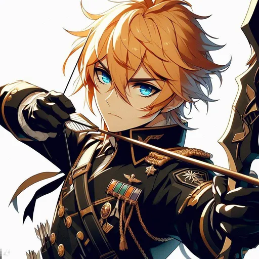Prompt: Tartaglia from Genshin Impact drawing his bow back to attack, action pose, messy orange hair, bright blue eyes, sassy expression, more masculine and very slender, wearing a black officers uniform with a lot of rank badges