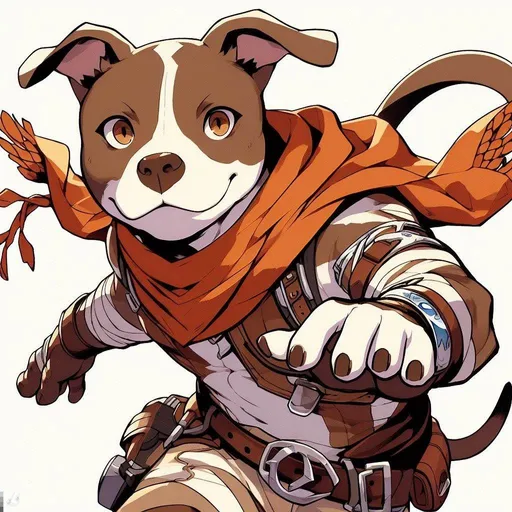 Prompt: A brown pitbull with a white blaze up his muzzle and chest, with brown eyes and a friendlier expression, and a darker brown brindle, dressed as Tartaglia from Genshin Impact with a scarf and a more transparent water blade, in a flat simple image with really thick outer line and the inner lines and style of 4, in a dynamic action pose, with the correct number of fingers and toes on each hand and foot, done with markers with small inconsistencies like a human would give it when using realistic medium