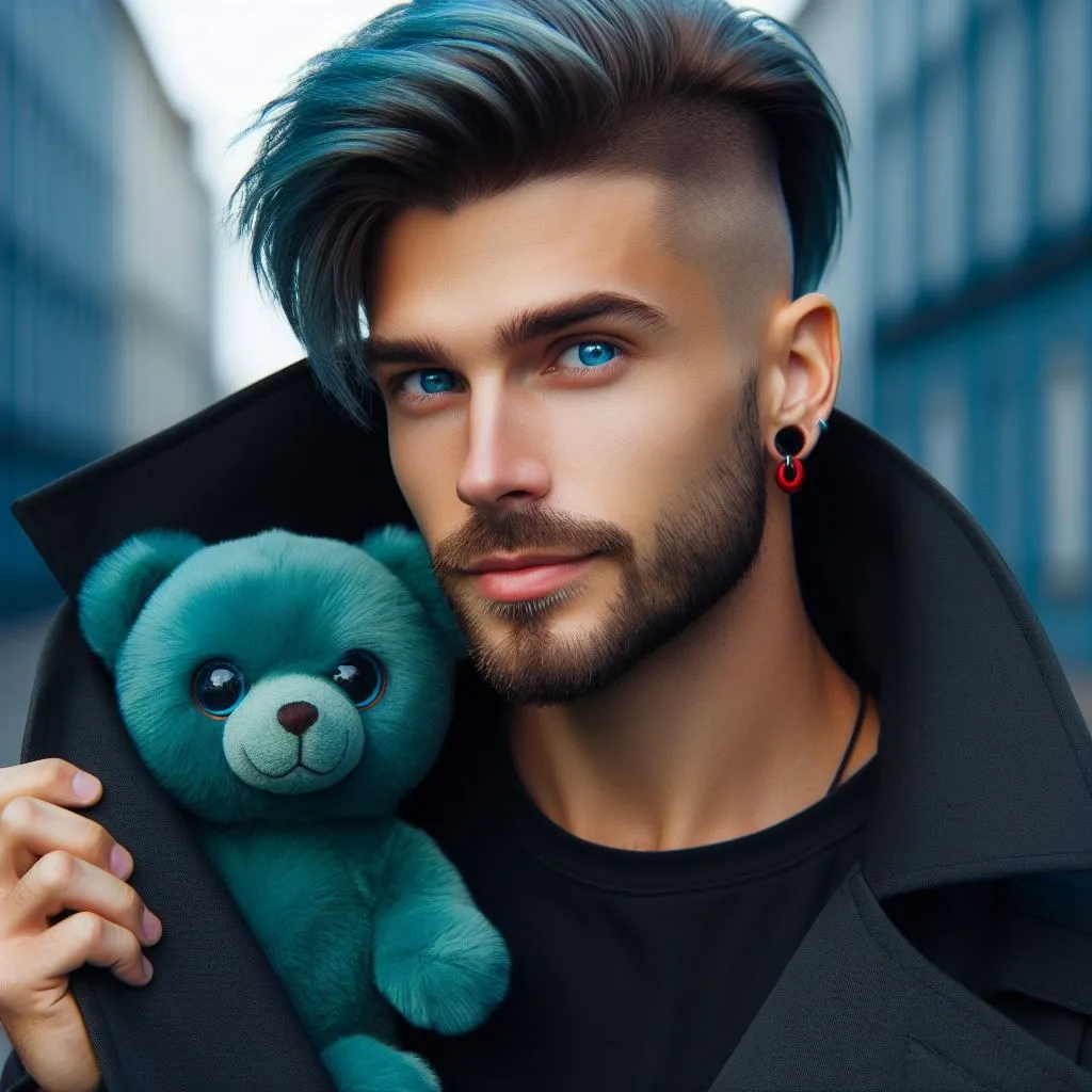 Prompt: a man with side shaved blue hair, blue eyes, red earings, clean shaved face, holding a cute little living green bear as his pet inside his black trench coat