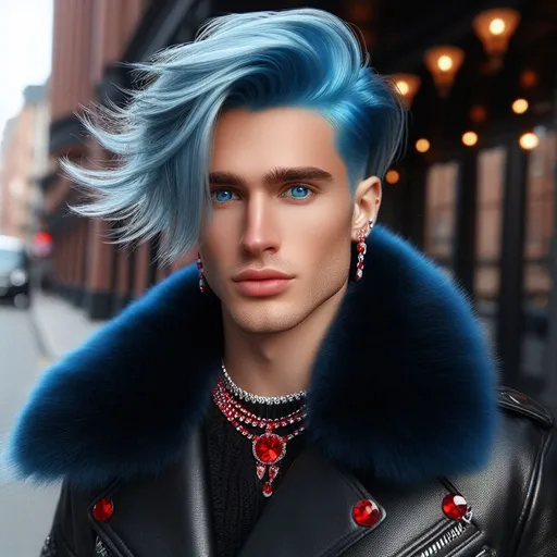 Prompt: bright blue sideswept hairstyle, ice blue eyes, man, shaved side, black leather jacket with fur trim, red diamond necklace, red diamond earings, idol, popstar, russian, tall slender body, attractive, alluring, flirty, disney prince