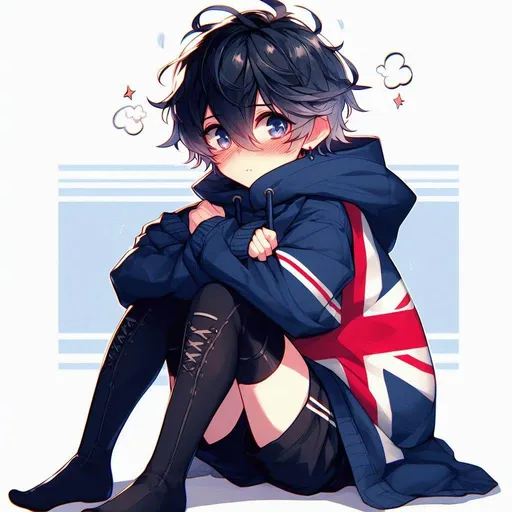 Prompt: genshin impact, anime, a thin cute boy, looking to one side as he blushes and rubs his elbows, Hes got dark blue messy hair and an oversized hoodie that is too large for him and long legs, feet nervously running into the ground below him, english flag,