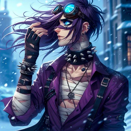 Prompt: a slender tall man with a side shaved head, with long purple hair falling infront of his left side, a pair of steampunk goggles, bright blue eyes, an open purple dress shirt with bandages covering his torso, a black spiked dog collar around his neck, studded black arm bracelets, fighting agaist the winter wind with one eye closed in an almost pained expression as the cold wind blows on him, backround is a cold russian city, in the style of genshin impact, with more cartoony features