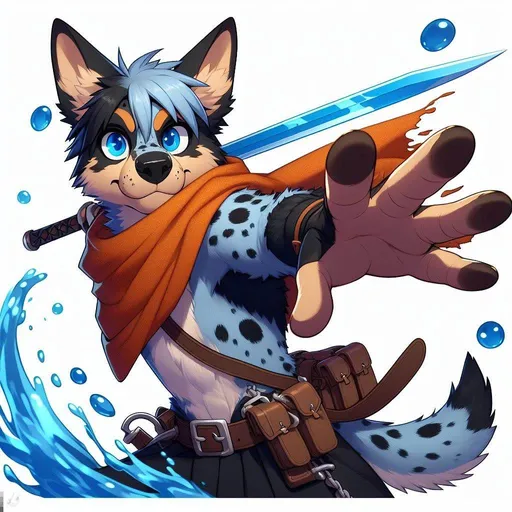 Prompt: Bluey the furry, an anthropomorphic dog, with ears with a little flop at the tips and more brown and black spots like a blue heeler/australian cattle dog, dressed as Tartaglia from Genshin Impact with a scarf and a longer water blade, in a dynamic action pose, with bright blue eyes and the correct number of fingers on each hand