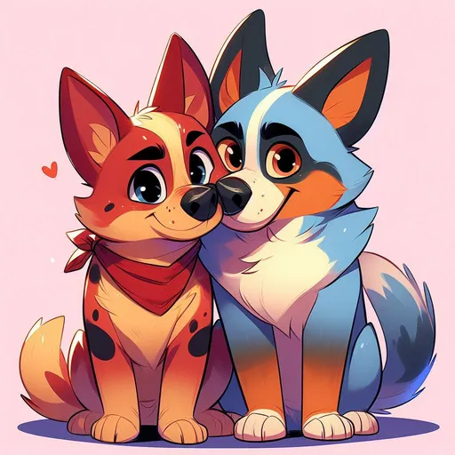 Prompt: Bingo a red heeler and Bandit a blue heeler from the show Bluey, rubbing noses together being cute, in the style of the hit TV show Bluey, with Bingo having more feminine features