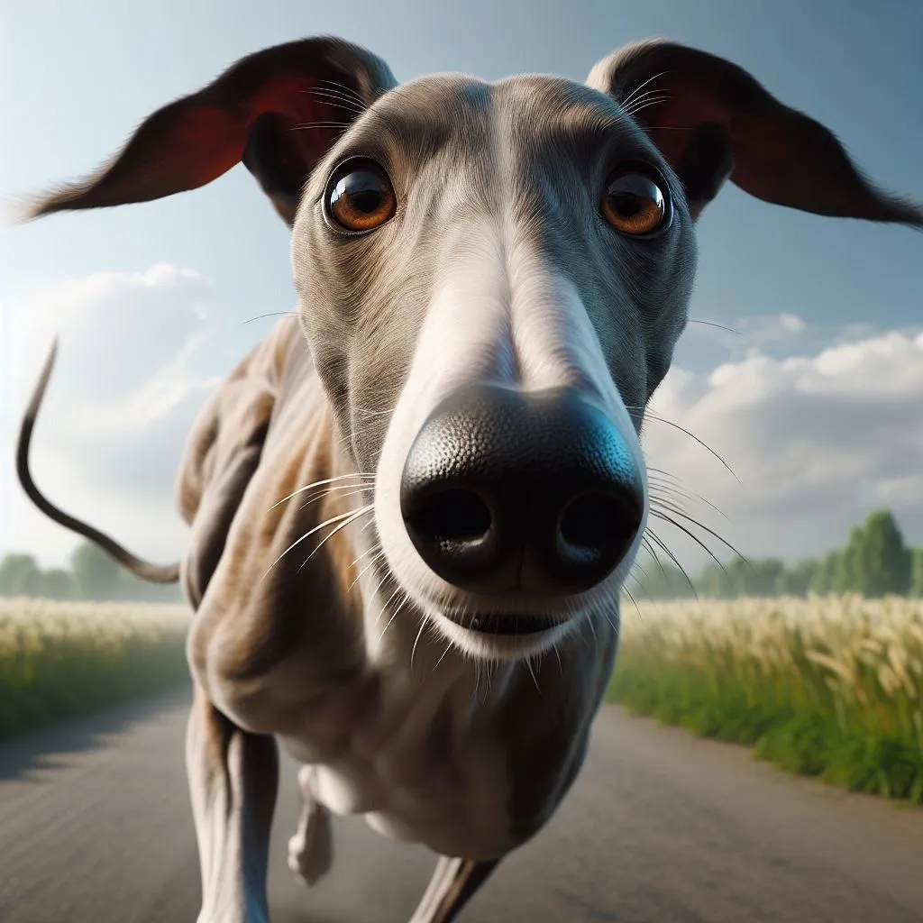 Prompt: A realistic greyhound running towards the camera in an action pose with an extreme close-up of its nose