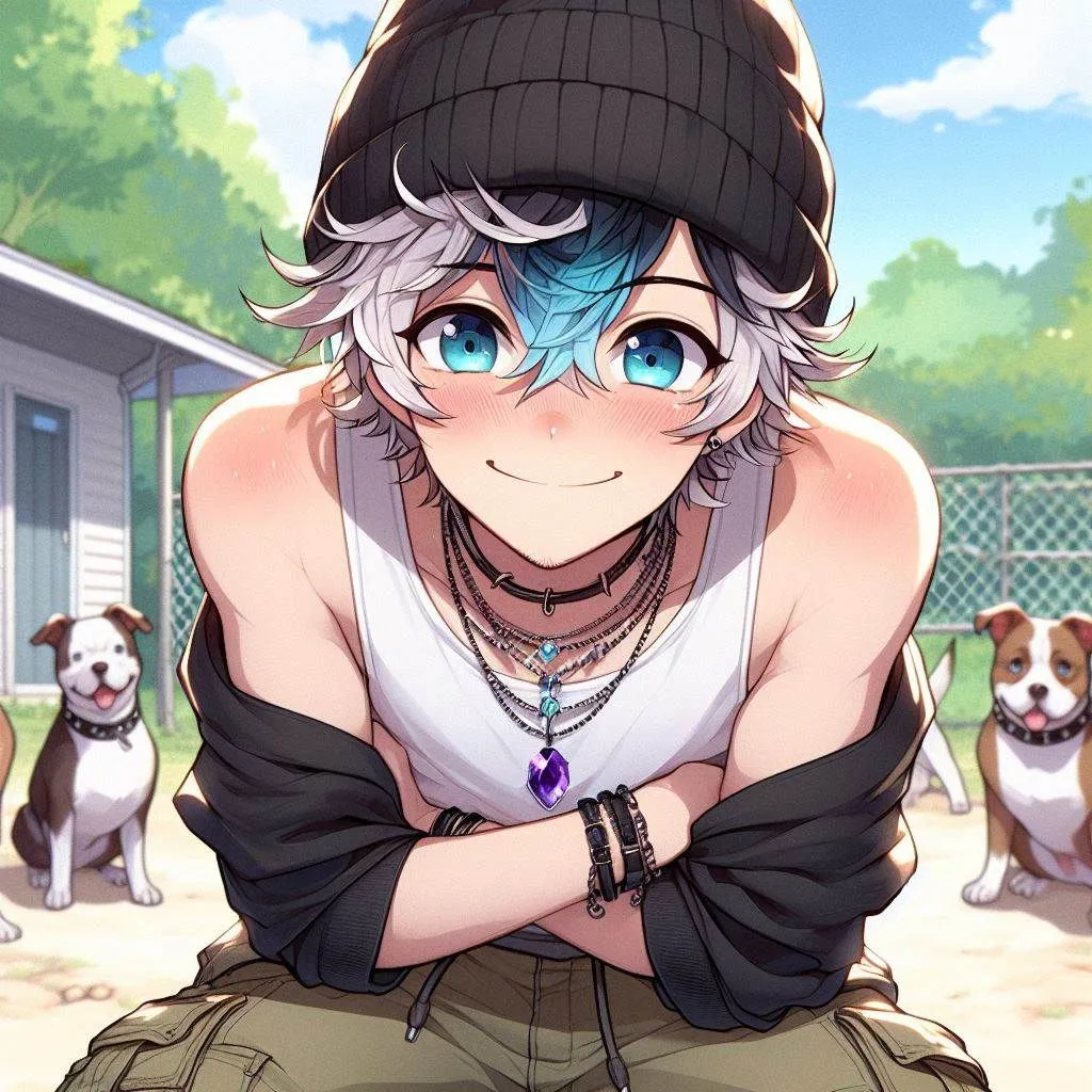 Prompt: anime, cartoon, adult young man, blush, a black baggie beanie, a white tank top, cargo shorts, purple amethyst necklace, chin stubble, dark ocean blue eyes, side shave haircut (buzzed sides) messy curly light brown hair falling infront of the left eye (emo) blocking it (with ice blue streaks and fades) curling ontop and towardsover the front of the hat, crossed arms, cheerful look, leaning forward, cheeky, background surrounded by friendly pitbulls outside
