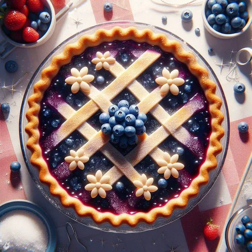 Prompt: A top-down view of a lattice blueberry pie with flower shapes on top, blue jam spreading through the cracks, sugar glazed, sun sparkle, in a glass-bottom pan, with a realistic background of playful lighting on a red and white tablecloth. The pie is the focus.