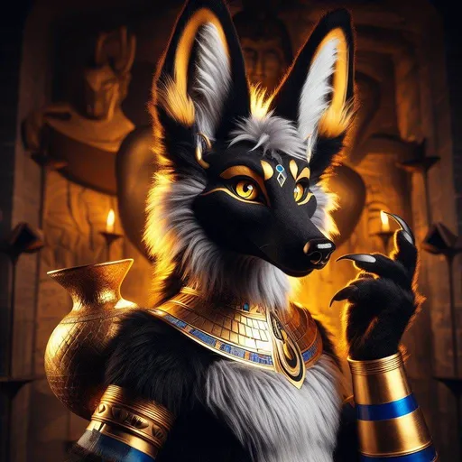 Prompt: furry, a slender black jackal, the god Anubis, golden eyeliner, bright golden eyes, anthropomorphic, detailed fuzzy fur, Egyptian Jewelery, blue and gold arm bracers, golden loin cloth, in a dark temple being lit up by a giant flaming caldron, long/tall pointed ears, long majestic pointed (Borzoi) muzzle