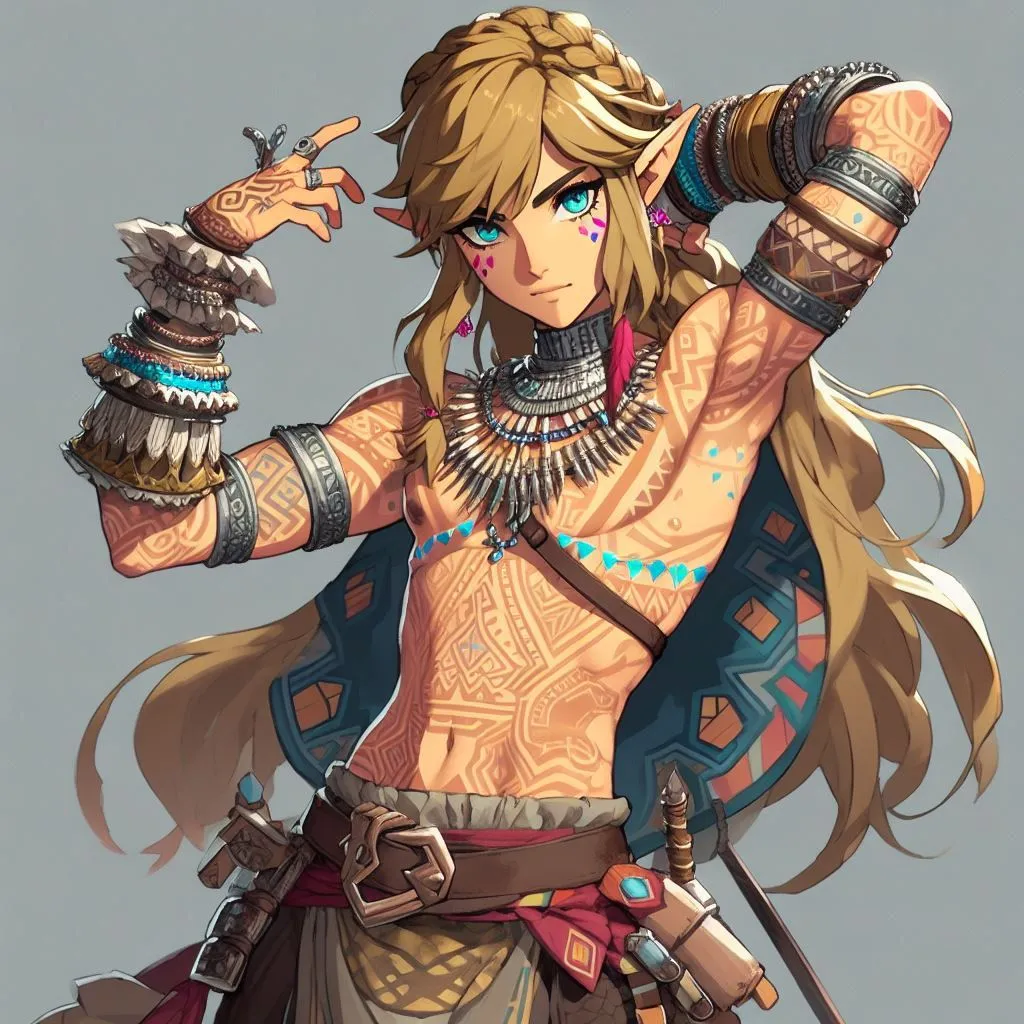 Prompt:  link from breath of the wild, in very feminine style, with very tribal clothing, showing off his figure