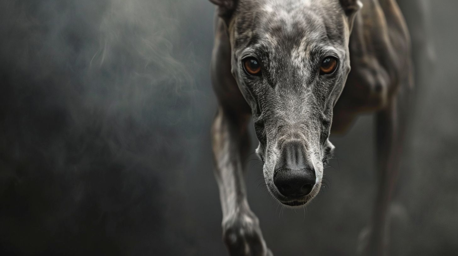 Prompt: A realistic greyhound running towards the camera in an action pose with an extreme close-up of its nose --ar 9:16 --c 10 --s 50