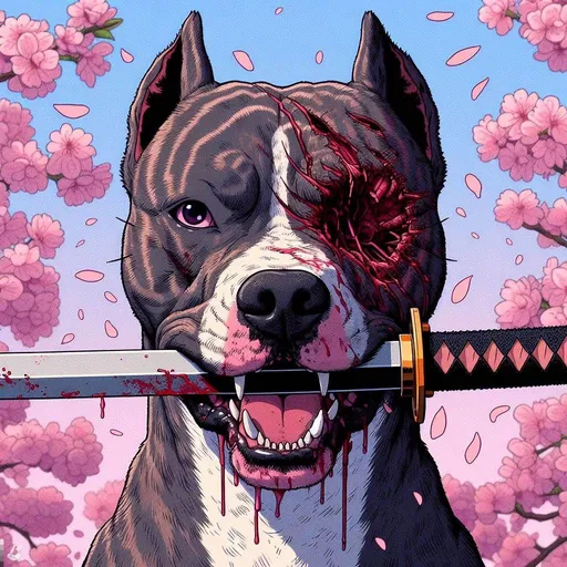 Prompt: A brindle pitbull, missing his left eye, a pink scar runs over his face, he is holding a blade in his open mouth, infront of cherry blossoms, in a 90s anime style. The scar is one single slash. He doesnt have a collar. And no blood. The wounded eye is closed and looks like a wound. The blade is held in the mouth. The blade is more visible and aligned with the mouth. The blade is in the center of the mouth.