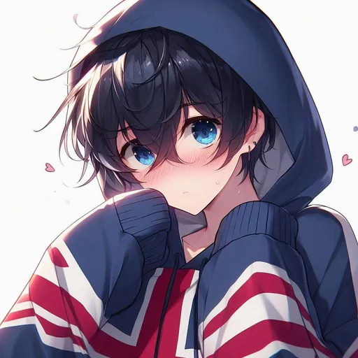 Prompt: genshin impact, anime, a thin cute boy, looking to one side as he blushes and rubs his elbows, Hes got dark blue messy hair and an oversized hoodie that is too large for him and long legs, feet nervously running into the ground below him, english flag,
