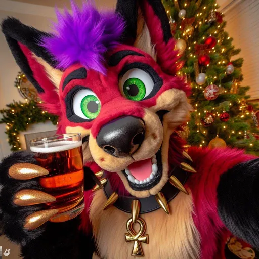 Prompt: a very tipsy antropromorphic jackel, with a purple moehawk, deep red firetruck red fur, brown tummy and bright green eyes, with an ankh earing, very happy, surrounded by christmas trees, fursuit, golden eye shadow and eyeliner egyptian makeup, red muzzle and mouth, white claws, black spiked collar, gold pawpads