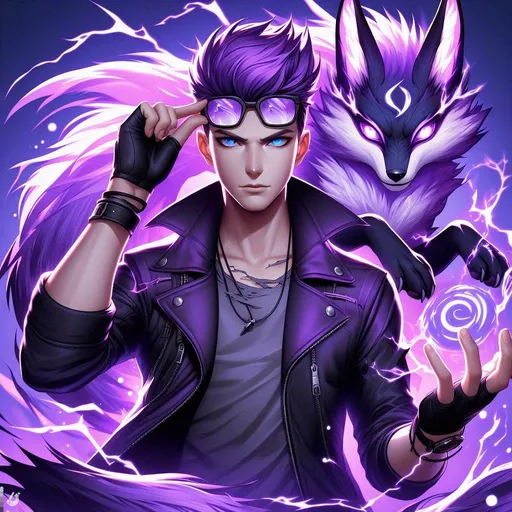 Prompt: a more masculine adult man with a purple undercut haircut, blue eyes, summoning a purple Kitsune with electric glow. He has glasses resting ontop of his head. His jacket is black leather open showing a ripped shirt, black gloves, In a dynamic pose like 4, surrounded by a glowing purple electrical aura. The man has an electric aura surrounding him as he commands the lightning fox
