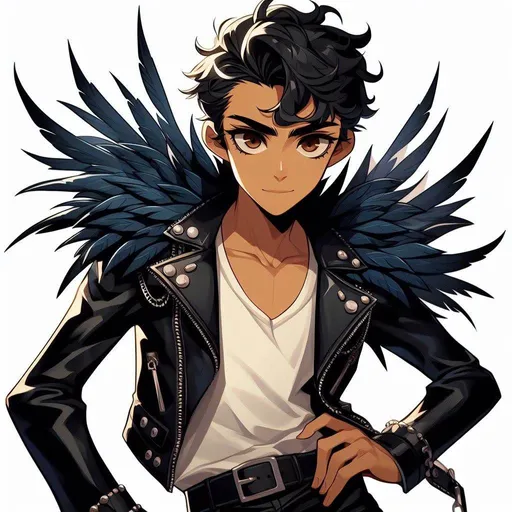Prompt: anime, cartoon, big brown eyes, handsome young tan skinned spanish man with short black curly hair, wearing a roackstar black leather jacket the neck frill is long pointy dark blue quail feathers, form fitting white t-shirt, black leather pants, dancing drawing attention to his stylish clothing, center of attention, all lights on him, long lashes, thick smokey black eyeshadow,